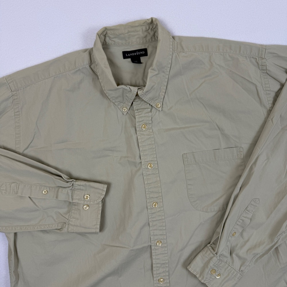 Lands End Mens XXL Khaki Tan Cotton Twill Long Sleeve Button Down Shirt 18-18.5